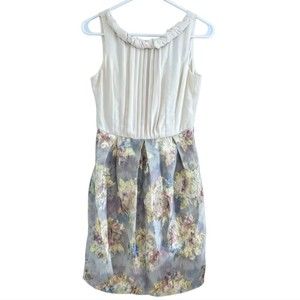 Womens Sleeveless Floral Dress Size Small Gold Ivory Cream Fit Flare Dress